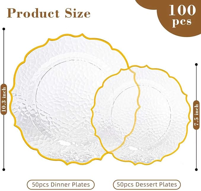 100 PCS Clear Stone Texture Plastic Plates with Gold Rim, Heavy-duty Clear Disposable Plates, Include 10" Dinner Plate and 7" Salad Plate for Party and Wedding