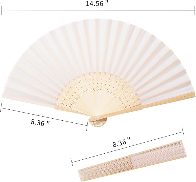 50pcs Cream-Coloured Imitated Silk Fabric Bamboo Folded Hand Fan Bridal Dancing Props Church Wedding Party Favors with Organza Bags
