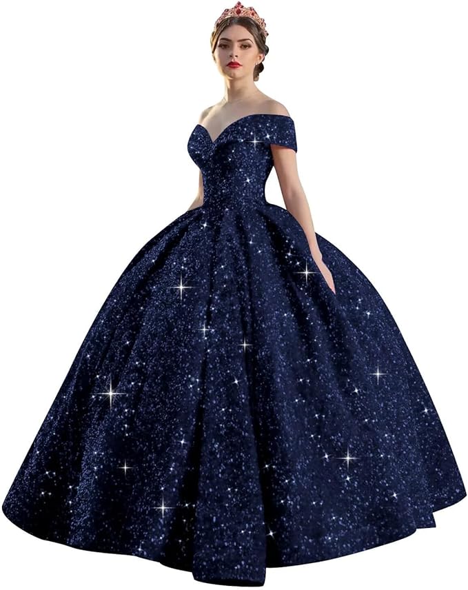 Quinceanera Dress Long Ball Gown Sparkly Sequin Off Shoulder V Neck Prom Dresses