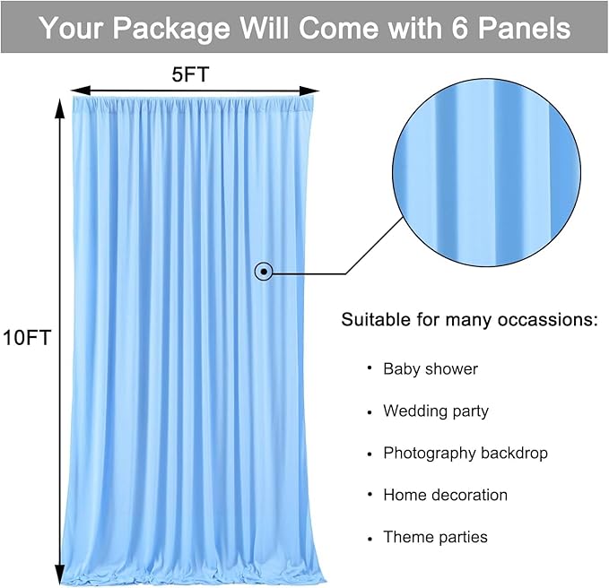 30 ft x 10 ft Wrinkle Free Baby Blue Backdrop Curtains for Parties, 6 Panels 5 ft x 10 ft Polyester Light Blue Photo Backdrop Drapes for Birthday Wedding Party Baby Shower Photography
