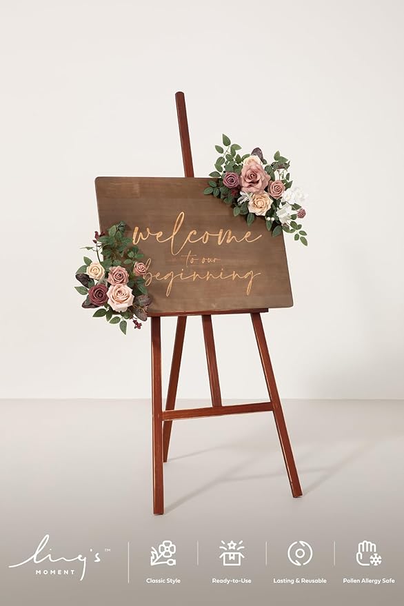 Ling's moment 2pcs Wedding Floral Swag Welcome Sign Artificial Flowers Backdrop Garland Dusty Rose & Mauve Ceremony Reception Wall Home Decorations Entryway Faux Outdoor Board Head Table Decor