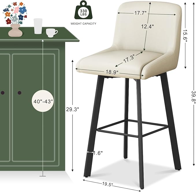 Swivel Bar Stools, 29''H Upholstered Barstools with Backs, Modern Counter Height Bar Stool Chairs for Kitchen Island, Metal Legs (Beige- Faux Leather, Set of 3-29" H)