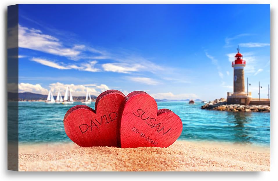 IPIC - Beach Lovers, Personalized Canvas Artwork with Names and Date on, Customized Gift for Anniversary, Wedding, Birthday and Holidays. 18x12