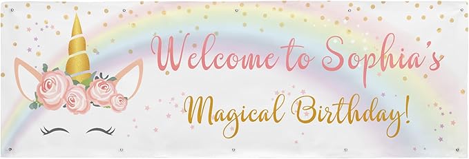 Let's Make Memories Personalized Unicorn Birthday Banner - Happy Birthday Banner for Kids - Custom Party Decorations - Indoor/Outdoor Vinyl - Any Name - Unicorn Party Decor - 10ft