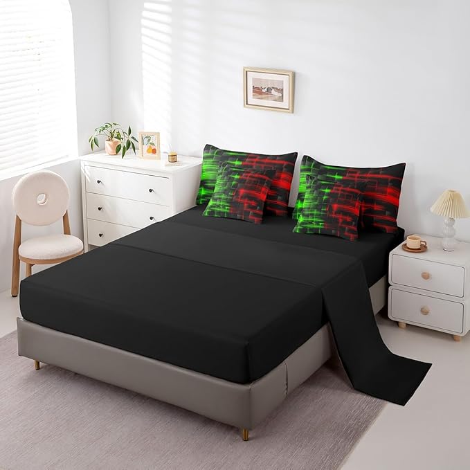 Feelyou Red and Green Comforter Set with Sheets 7 Piece Queen Size Kids Geometric Bed in a Bag Strip Lines Bedding Set Abstract Art Bed Set with Comforter, Sheets,Pillowcases,Cushion Covers