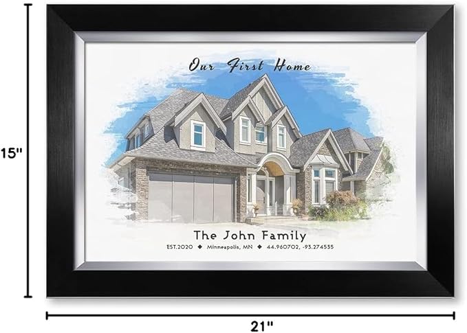 IPIC - Custom Watercolor House Portrait.Personalized Artwork with Names and Date on, Customized Gift for Anniversary,Wedding,Birthday and Holidays. Picture size: 18x12, Framed Size: 21x15