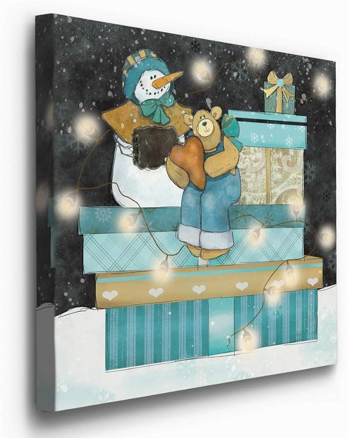 Renditions Gallery Snowman and Teddy Bear Wall (2) Art, Christmas & Winter Decor, Cute Pile of Presents, Premium Gallery Wrapped Canvas, Ready to Hang, 32 in H x 32 in W, Made in America