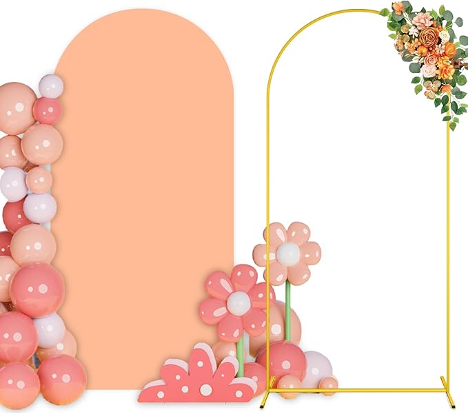 Metal Arch Backdrop Stand and Cover Set 7.2FT Gold Balloon Backdrop Arch Stand with Covers Peach Backdrops Covers Arch Spandex Arch Stands Cover for Birthday Party Banquet Graduation Decor