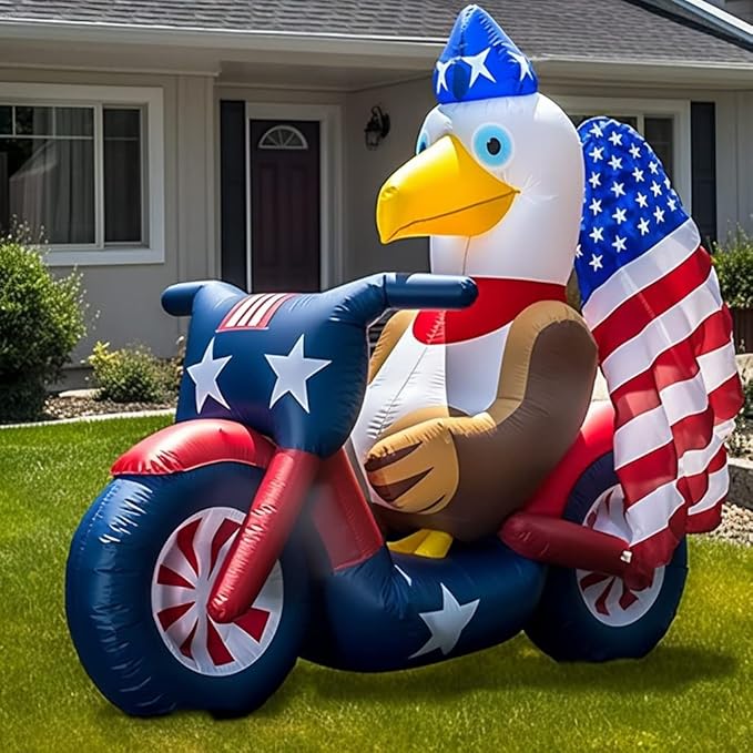 Patriotic Inflatable 5FT Eagle Sitting on Motorcycle 4th of July Inflatable Yard Decorations Outdoor Holiday LED Blow up Decor for American Decorations Advertising Business Promotion