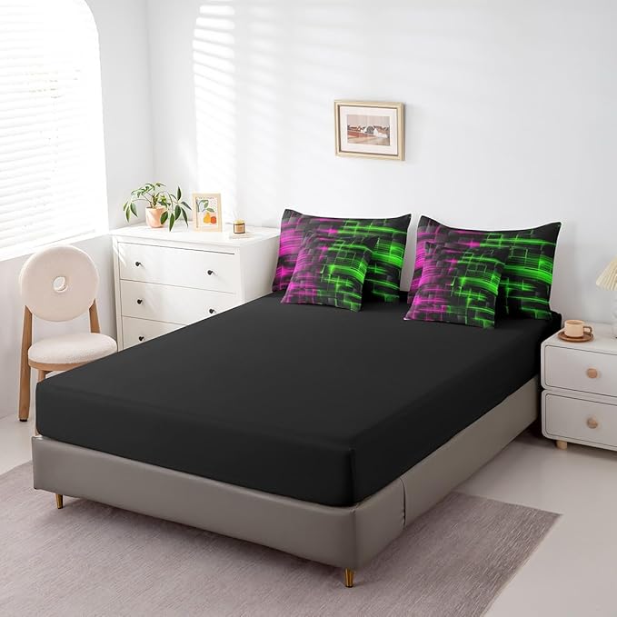 Feelyou Green and Rosered Comforter Set with Sheets 7 Piece Twin Size Kids Geometric Bed in a Bag Strip Lines Bedding Set Abstract Art Bed Set with Comforter, Sheets,Cushion Covers
