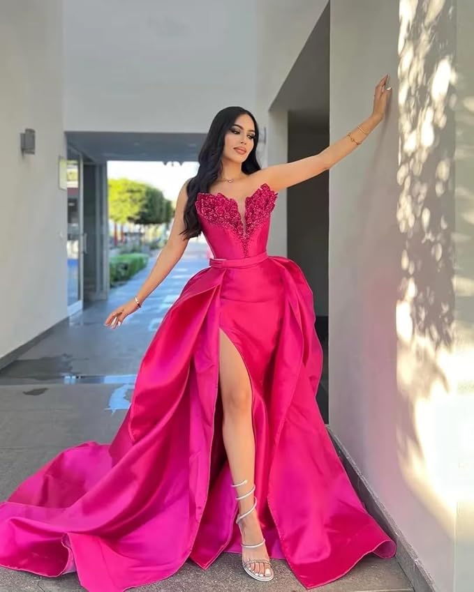 GARDOM Mermaid Satin Prom Dress 2026 Strapless Ball Gown Leaf Ruffle Sequin Slit Formal Dresses for Women Evening Wedding