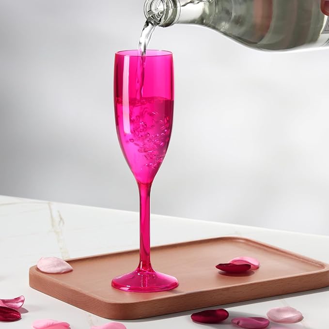 XUWAIDSGN Acrylic Champagne Flutes Toasting Glasses Unbreakable Mimosa Bar Reusable Wine Glasses Vintage Champagne Flutes Stemmed Drinking Cups 5.4 OZ for Christmas Birthday (100, Rose Pink)