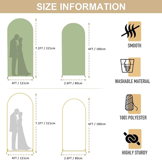 Wedding Arch Stand and Cover Set 7.2FT 6FT Sage Green Spandex Arch Covers for Round Top Arched Frame Arch Backdrop Stand Cover Set for Wedding Ceremony Bridal Baby Shower Event Decor