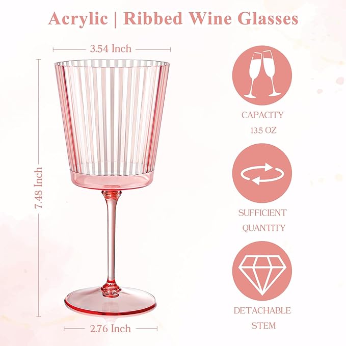 12 PCS Pink Plastic Wine Glasses with Removable Stems 13.5 Oz Pink Ribbed Wine Glasses Square White Wine Glass Muted Pastel Colors Goblets Elegant Fluted Glassware for Wedding Anniversary Birthday