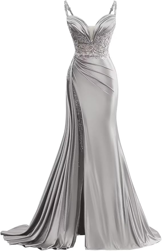 V Neck Satin Prom Dresses Long Mermaid Lace Evening Gown with Slit Pleated Bodycon Formal Dress with Tail