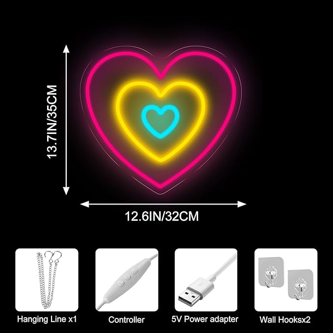 Heart Neon Sign for Wall Decor, Aesthetic Triple-Layer Heart LED Neon Light with Soft Colorful Glow for Bedroom & Romantic Night, Modern Neon Wall Art for Valentine’s Day Decorations 13.8"x12.6"