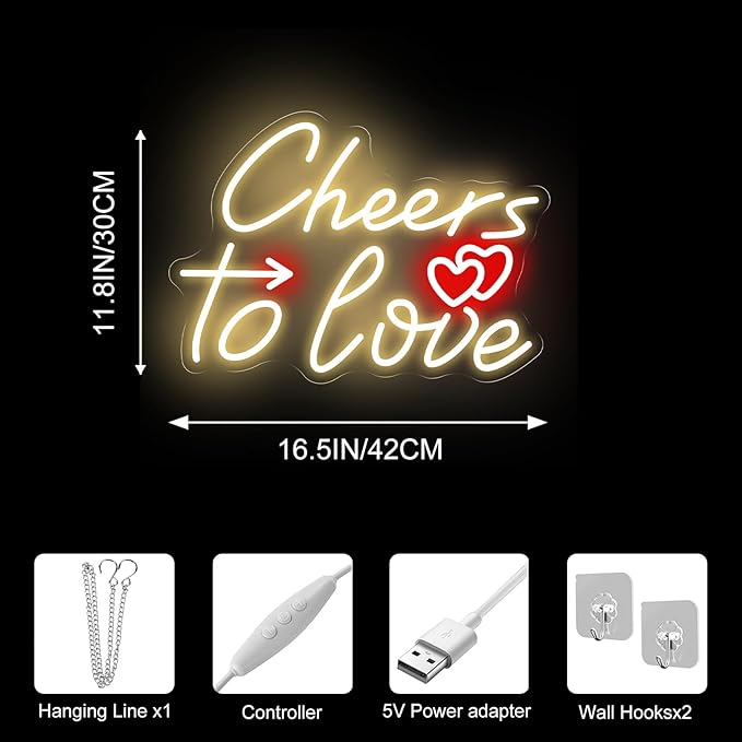 Cheers To Love Neon Sign, Warm White LED Neon Light for Wedding, Engagement Party & Anniversary, Valentine’s Day Decorations, Celebratory Wall Art for Date Night & Party Backdrop Decor 16.5"x11.8"