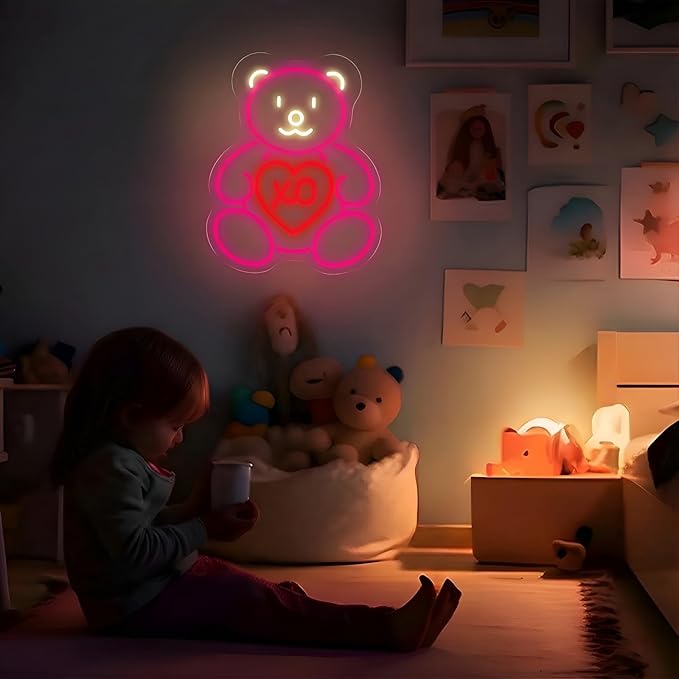 Pink Teddy Bear Neon Sign for Wall Decor, Sweet XO Heart LED Neon Light for Teen Girl Bedroom & Girlfriend Gift, Cute Neon Wall Art for Valentine’s Day Decor & Cozy Room Lighting 15.8"x12.6"