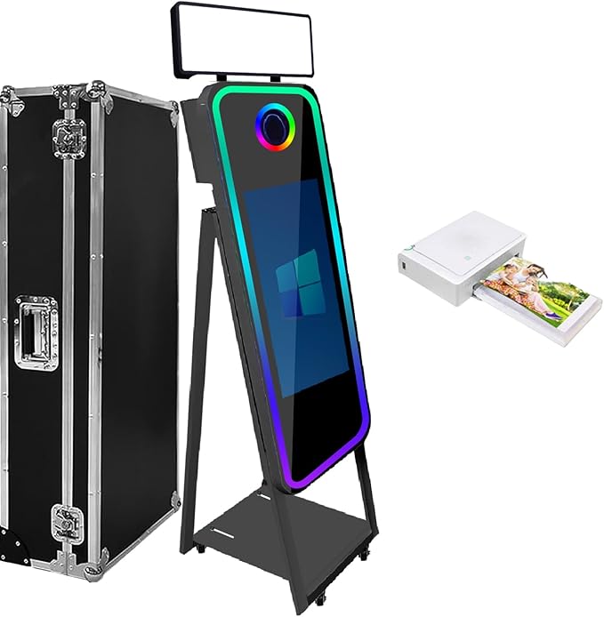 Magic Mirror Photo Booth,Mirror Photo Booth Interactive Touch Screen with Flight Case, Built-in Mini PC with Instant Print and Sharing for Event Party Wedding Rental (Black, 21.5''Screen+Printer)