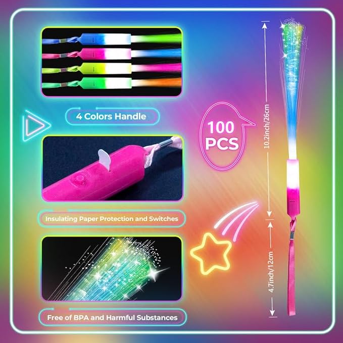 100 PCS Glow Fiber Wands Sticks, LED Light Wands, Glow in The Dark Party Supplies, Fiber Optic Wands, LED Flashing Sticks, Fiber Optic Light Wand Stick for Party, Wedding, Halloween & New Year