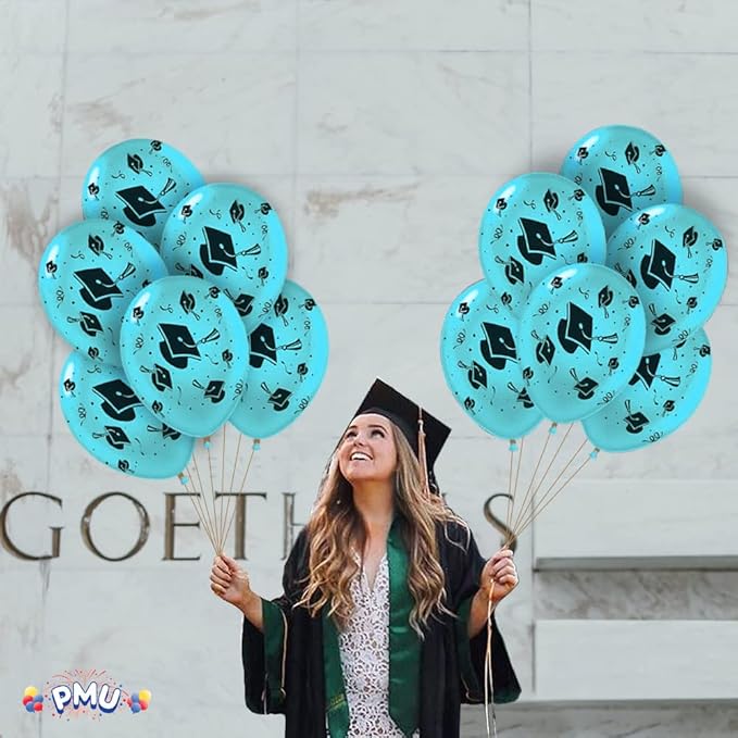 PMU 100 Pcs Turquoise Graduation Balloons Class of 2025 with All-Over Print White Grad Caps-Confetti and Streamers | Graduation Party Supplies | Congratulations Grad Latex Balloons Latex