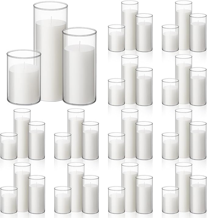 Shihanee Set of 36 Pillar Candles and Glass Cylinder Vases Clear Cylinder Holders for Slim Pillar Candles Wedding Centerpieces(3.4'' X 4.7", 7", 9.8",White)