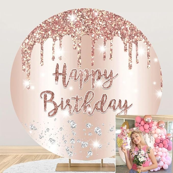 OERJU 7.2x7.2ft Round Birthday Backdrop Cover Rose Gold Glitter Diamonds Happy Birthday Background for Photography Women Girls 16 18th 21th 30th Bday Party Decorations Photo Studio Booth Props