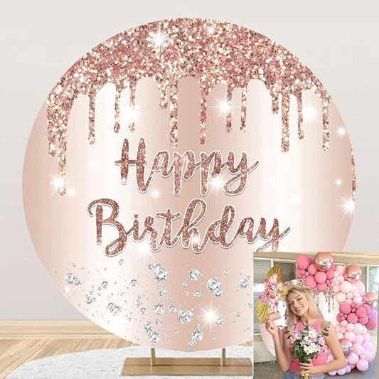 OERJU 6x6ft Round Birthday Backdrop Cover Rose Gold Glitter Diamonds Happy Birthday Background for Photography Women Girls 16 18th 21th 30th Bday Party Decorations Photo Studio Booth Props