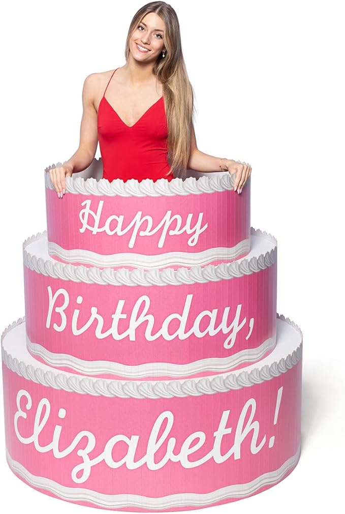 Anderson's Pink & White Personalized Pop-Out Birthday Cake, Life-Size Faux Cake with Fun Font, Custom Name, Surprise Reveal Prop for Milestone Parties, Photo Ops, Store or Business Events, 4'x4'