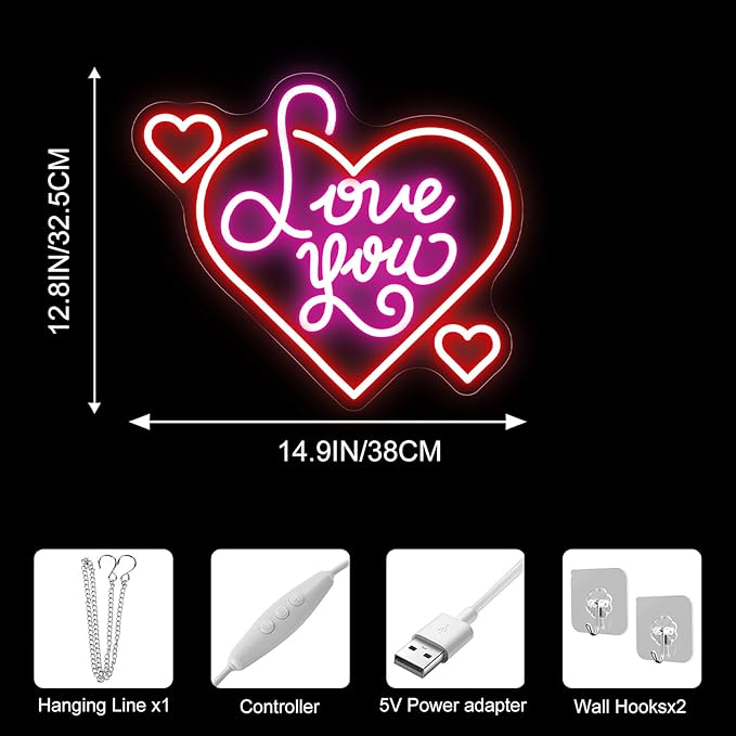 Love You Neon Sign for Wall Decor, Soft Handwritten LED Neon Light for Bedroom & Romantic Night, Heartfelt Neon Wall Art for Anniversary & Valentine’s Day Decorations 15"x12.8"