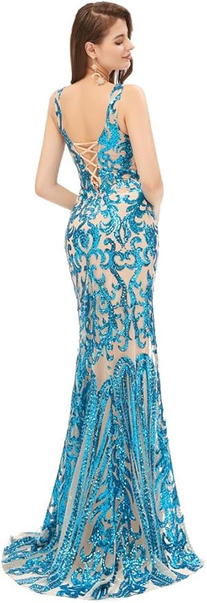 Women's Double V-Neck Sequins Lace-up Mermaid Evening Dress