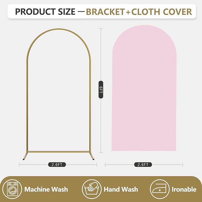 Arch Backdrop Stand and Cover Set, Metal Balloon Arch Backdrop 6ft, Gold Arched Stand Frame for Wedding, Parties,Birthday, Backdrop Decorations (Pale Pink,6ft)