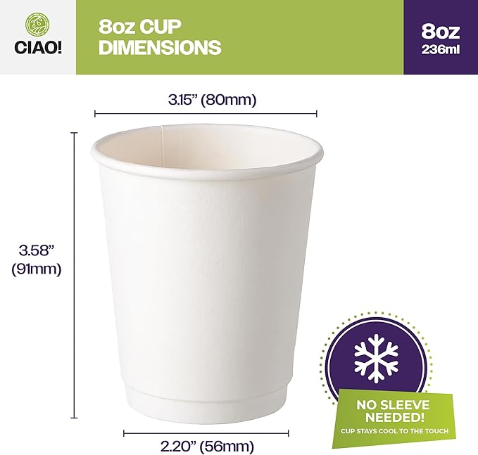 CIAO! 8 oz Insulated Double Wall White Paper Hot Cup, 80mm Diameter, 500 Count