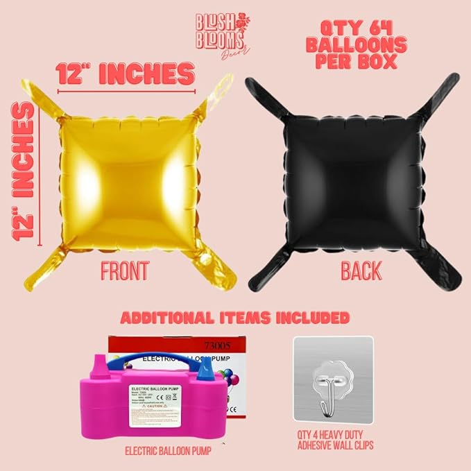 Black and Gold Foil Balloon Wall (64 Pack) | 8 Foot by 8 Foot Balloon Wall | Weddings, Birthdays, Showers, Parties, and Events (Black and Gold)