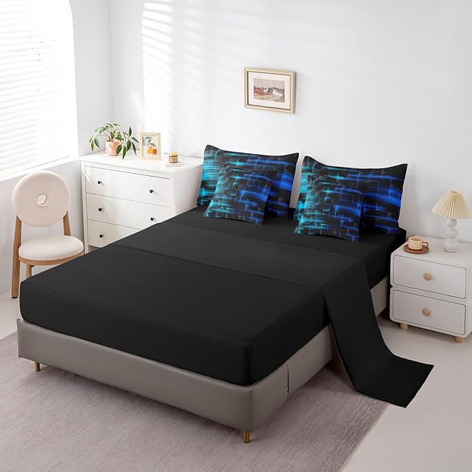 Feelyou Blue and TealBlue Comforter Set with Sheets 7 Piece Queen Size Kids Geometric Bed in a Bag Strip Lines Bedding Set Abstract Art Bed Set with Comforter, Sheets,Cushion Covers