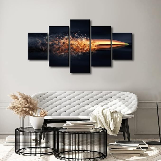 Flying Bullet with Dust Trail Canvas Print Pictures Framed Modern Contemporary Paintings on Canvas Posters and Prints Wall Art for Living Room Decor 5 Piece Set Framed Ready to Hang 60x32 in
