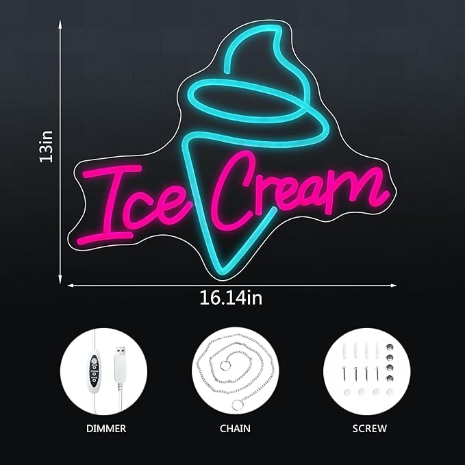Ice Cream Neon Sign - Dimmable USB Ice Cream Letter Neon Light Up Signs for Business Store Cafe Drink Shop Office Bedroom Restaurant Decor Adjust Brightness