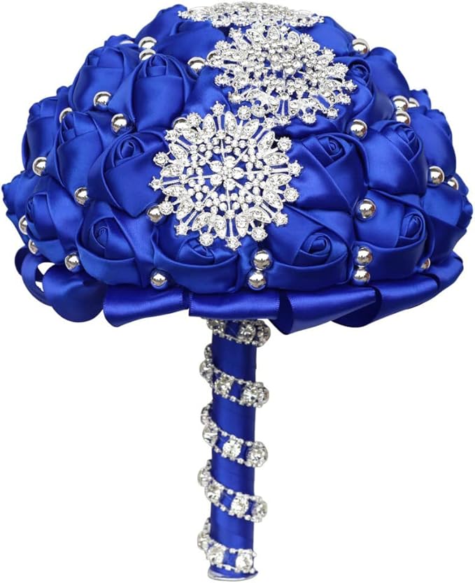 Royal Blue Bridal Wedding Bouquet with Bling Rhinestone Pearl for Bride Bridesmaid Quinceanera Satin Rose Flower Brooch Bouquet Wedding Royal Blue 7.1in