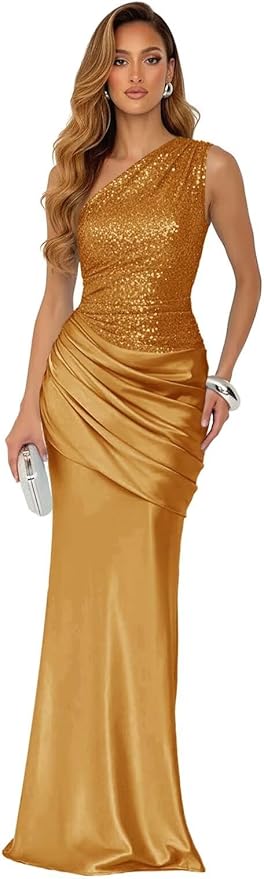 Sparkly Sequins Mermaid Prom Dress 2026 for Women Long Satin One Shoulder Asymmetrical Pleated Formal Evening Gown