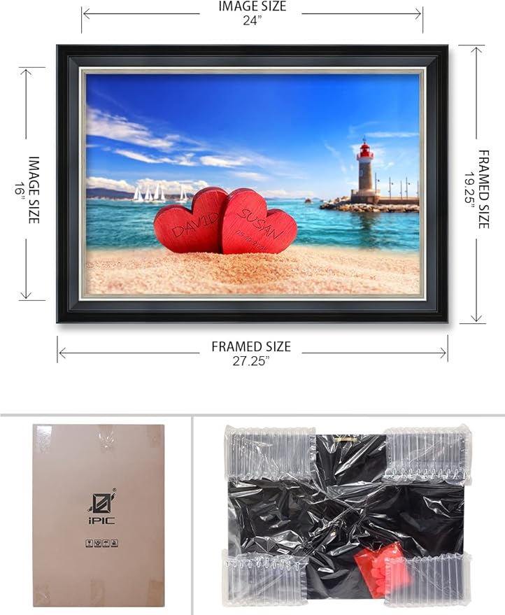 IPIC - Beach Lovers, Personalized Framed Wall Art with Names and Date on, Giclee Prints with Solid Wood, Custom Gifts for Wedding Anniversary. Total Framed Size: 27.25" W x 19.25" H