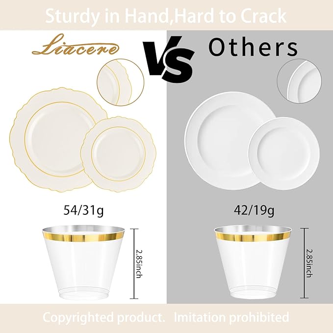 Liacere 350PCS Ivory Plastic Plates - Cream Disposable Plates With Gold Rim - 50Guest Baroque Plastic Dinnerware include 100 Plates - 50 Pack Pre Rolled Napkins with Silverware 50Cups for Easter