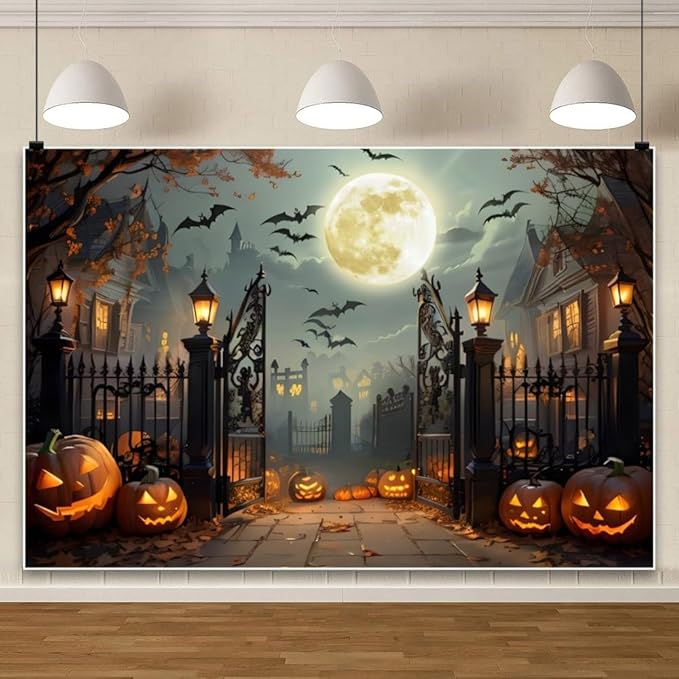Leowefowa 12x8ft Halloween Backdrop Scary Full Moon Night Pumpkin Lantern Background Horror Bat Dead Tree Fall Leave Halloween Eve Party Banner Decor Photography Supplies Prop