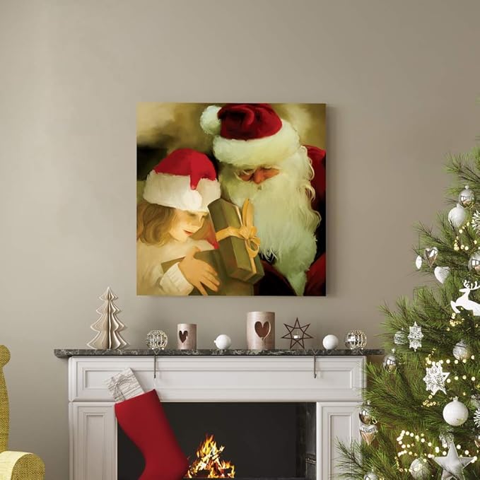 Renditions Gallery A Gift from Santa Wall Art, Little Girl with Present, Winter Artwork, Holiday Decor, Red & White, Premium Gallery Wrapped Canvas, Ready to Hang, 40 in H x 40 in W, Made in America