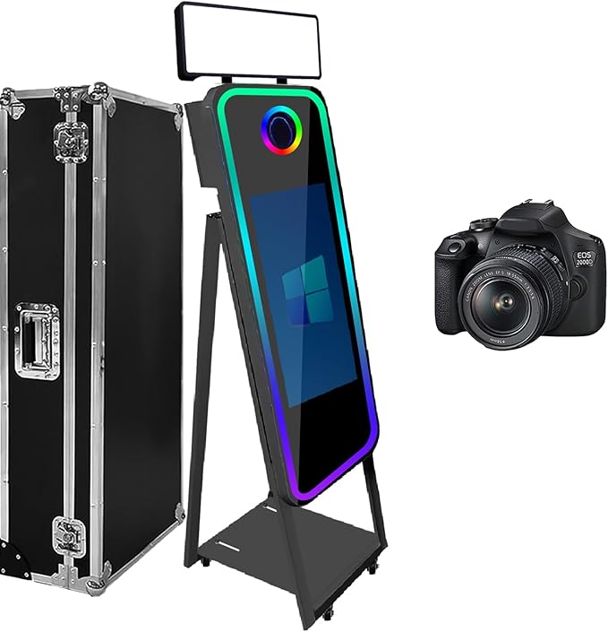 Magic Mirror Photo Booth,Mirror Photo Booth Interactive Touch Screen with Flight Case, Built-in Mini PC with Instant Print and Sharing for Event Party Wedding Rental (Black, 21.5''Screen+Camera)