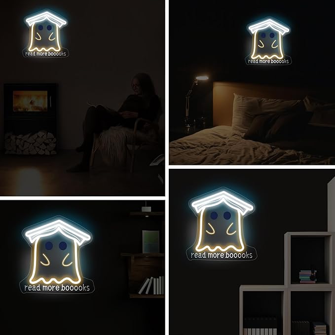 Read More Books Neon Sign, Cute Ghost Reader LED Sign Light, Kawaii Funny Ghost with Bachelor Cap Light Up Night Light for Bedroom Classroom Study Reading Room Library Decoration, 13"x13"