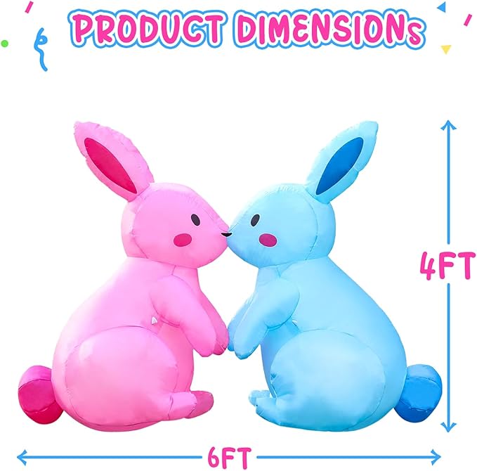 Domkom 6FT Long Kissing Valentines Day&Easter Inflatable Bunnies Outdoor Decorations, Build-in LED Lights Holiday Blow Up Yard Decoration, for Easter&Valentine's Day, Outdoor,Garden, Yard Lawn Décor