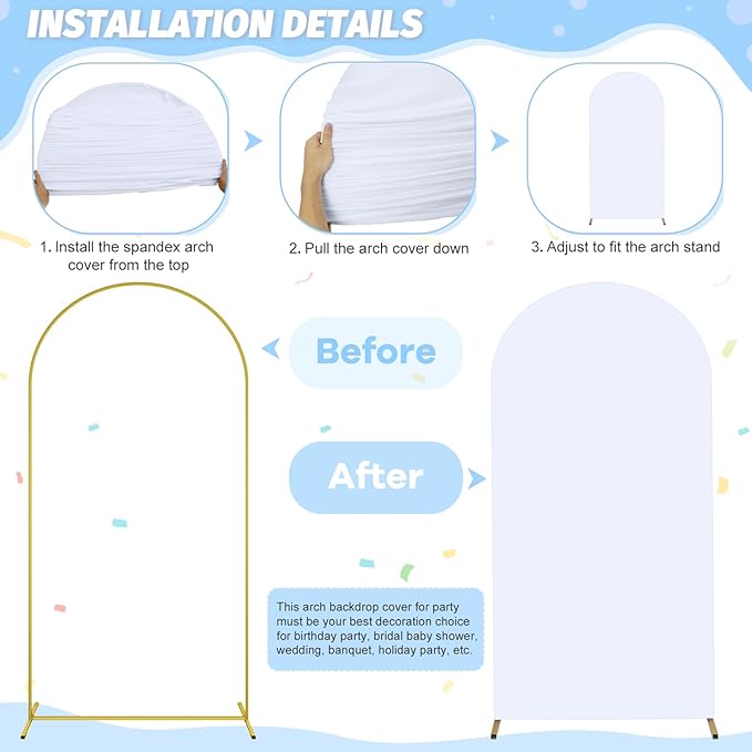FOTSHARER 7.2FT Wedding Arch Backdrop Stand with White Arch Cover Set Balloon Arch Stand and Spandex Arches Backdrop Stands Cover Metal Back Drop Arches for Birthday Party Ceremony Banquet Decor