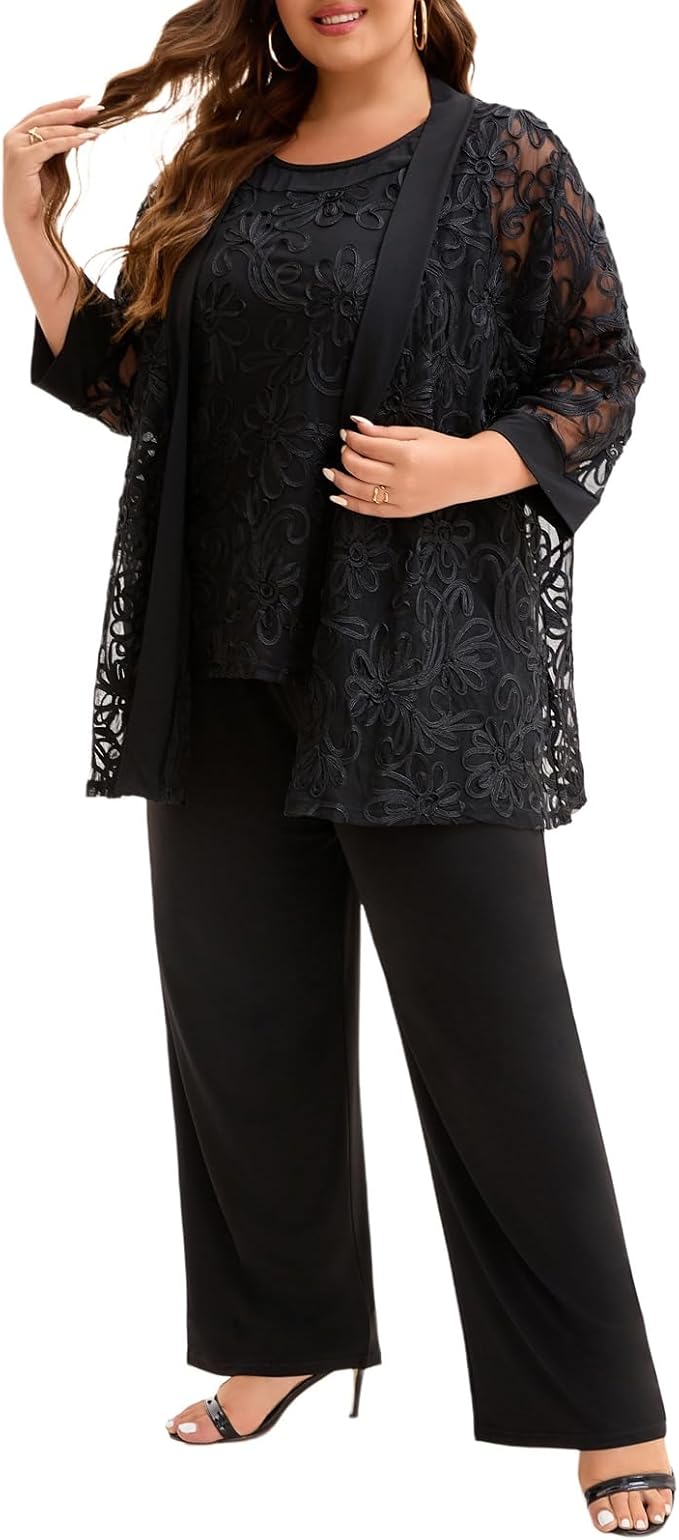 Plus Size 3 Piece Floral Embroidered Pantsuit Set Women Mother of Bride Wedding Guest Formal Evening Cocktail Party Attire