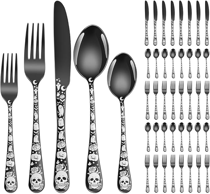 XIAOYU 40 Piece Halloween Gothic Skull Pattern Silverware Set, Stainless Steel Flatware Set for 8, Tableware Cutlery Set with Unique Skull Design, Perfect for Halloween Easter and Christmas, Black