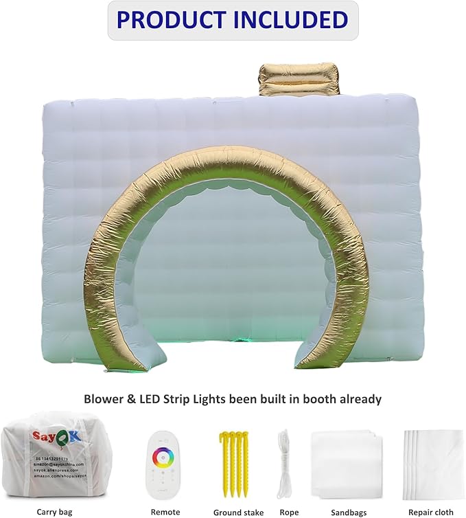 SAYOK Inflatable Photo Booth with Lights, Portable Camera Shaped Cube Tent with Blower, 11.5x9.2x8.2ft (White/Gold), Backdrop for Wedding Events, Parties, Exhibitions